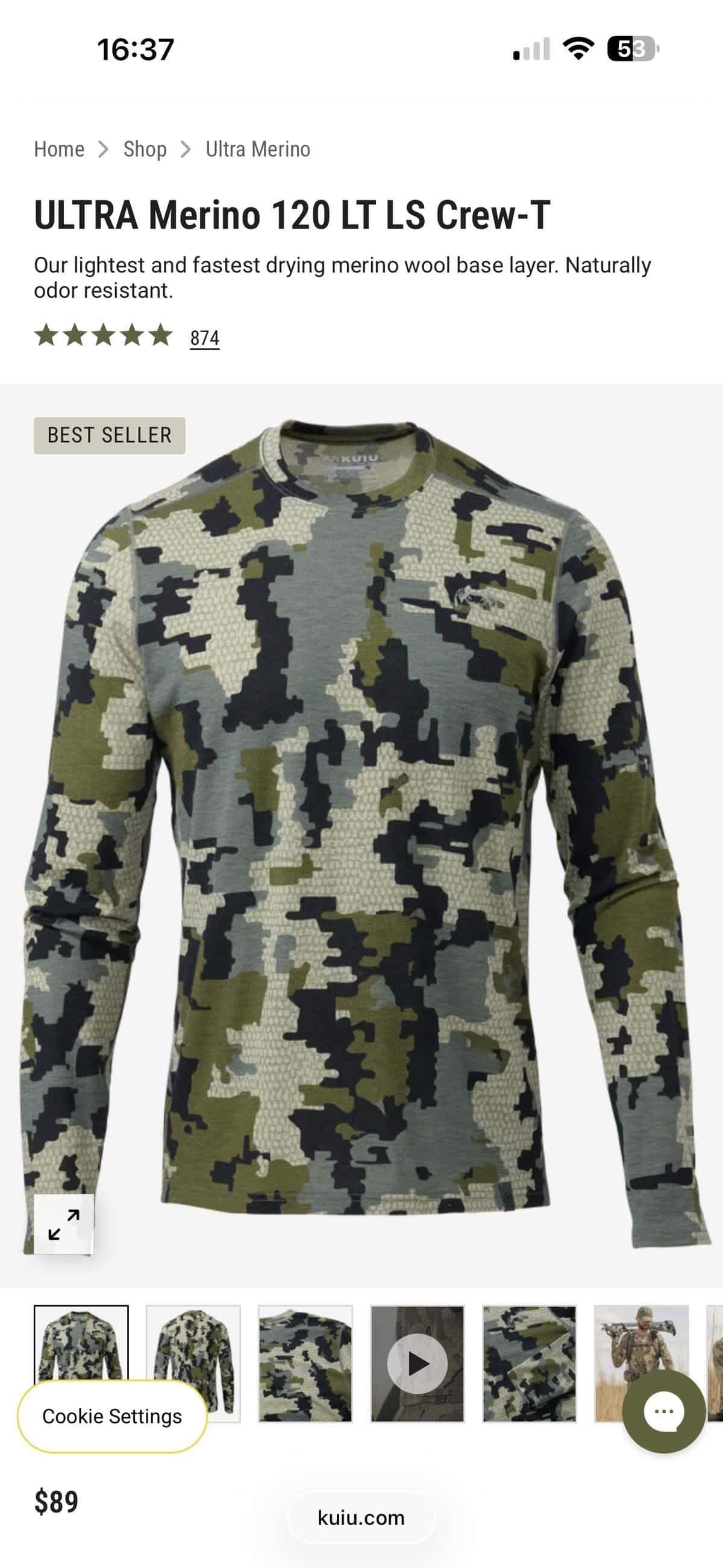 Kuiu ULTRA Merino 120 LT LS Crew-T - L - Verde